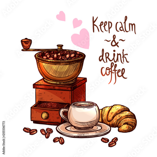 Sketch Color Coffee Illustration. Hand Drawn Still Life With  Coffee Mill, Cup, Coffee Beans, Croissant And Lettering