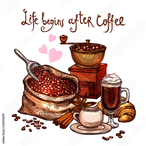 Sketch Coffee Color Illustration. Hand Drawn Still Life With Coffee Mill, Cup, Latte, Croissant, Cinnamon And Bag With Coffee Beans