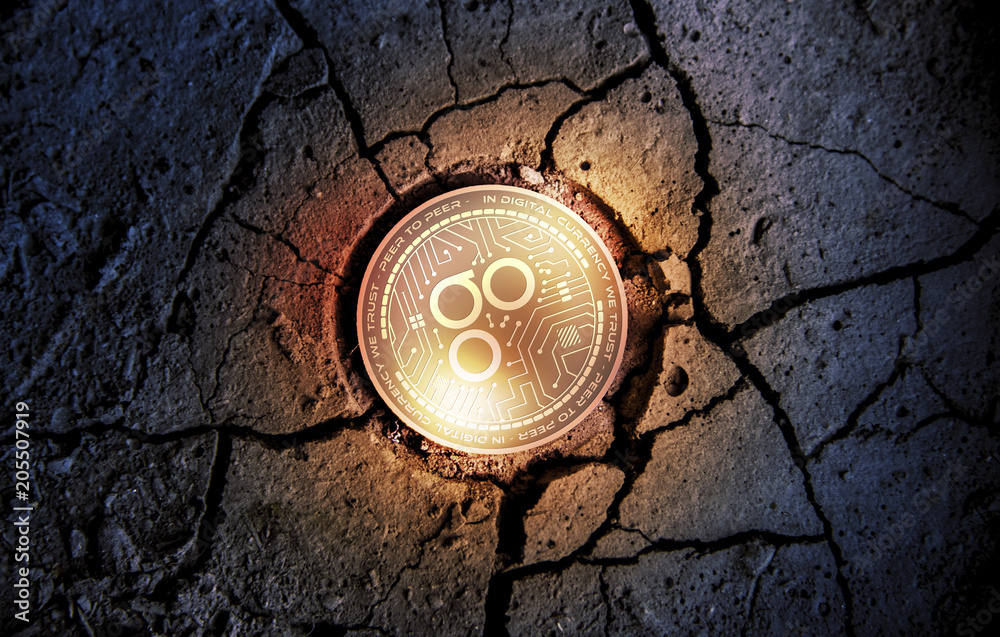 shiny golden OMISEGO cryptocurrency coin on dry earth dessert background mining 3d rendering illustration