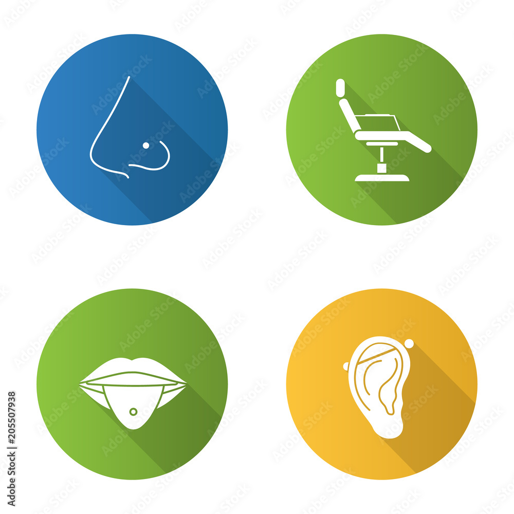 Tattoo studio flat design long shadow glyph icons set Tattoo studio flat design long shadow glyph icons set