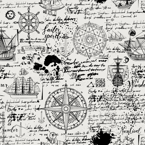 Vector abstract seamless background on the theme of travel, adventure and discovery. Old manuscript with caravels, wind rose, anchors and other nautical symbols with blots and stains in vintage style