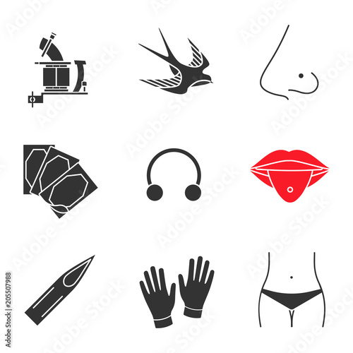 Tattoo studio glyph icons set