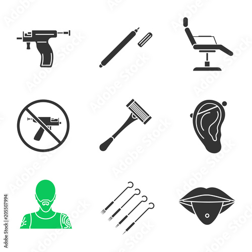 Tattoo studio glyph icons set