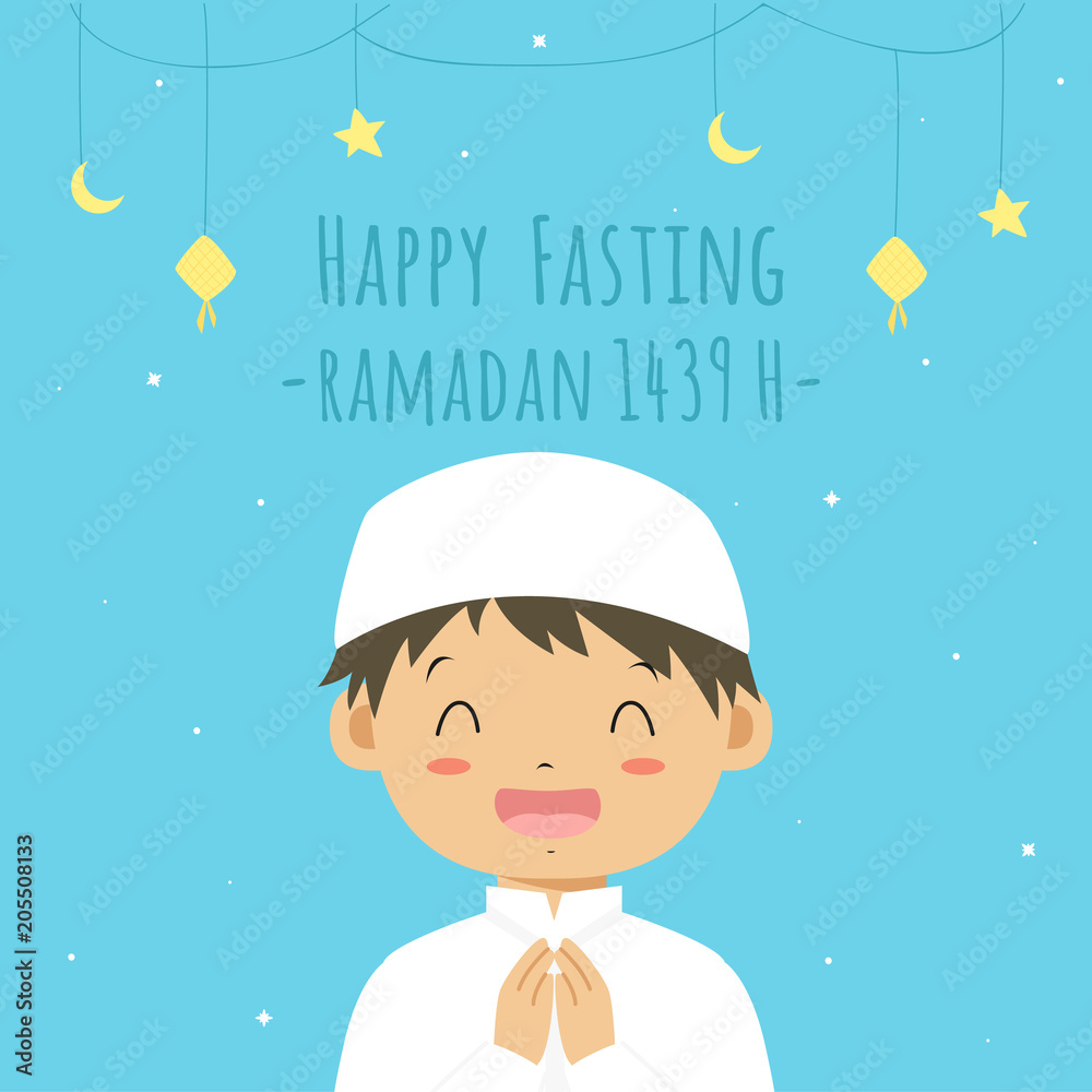 Happy Fasting, Ramadan Kareem greeting card. Printable Eid card, happy  muslim boy cartoon vector Stock Vector | Adobe Stock