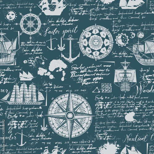 Vector abstract seamless background on the theme of travel, adventure and discovery. Old manuscript with caravels, wind rose, anchors and other nautical symbols with blots and stains in vintage style