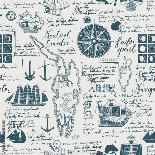 Vector abstract seamless background on the theme of travel, adventure and discovery. Old manuscript with caravels, wind rose, anchors and other nautical symbols with blots and stains in vintage style photo