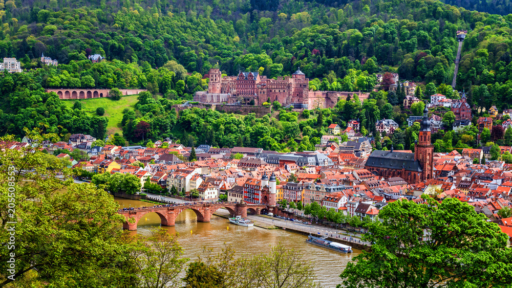 Heidelberg town with the famous old bridge and Heidelberg castle, Heidelberg, Germany - obrazy, fototapety, plakaty 