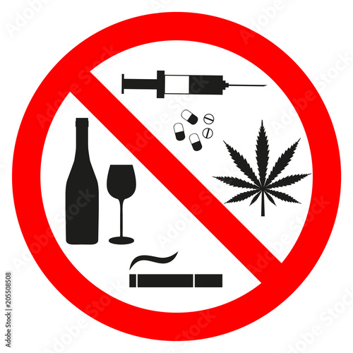 Forbidding Signs "No Smoking", "No Drugs", "No Cannabis" and "No Alcohol" on a white background