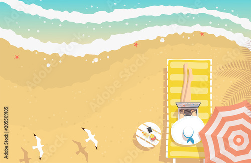 Woman with beach hat working on laptop, sitting on sun lounger on the beach with textured sand, curving sea waves, starfishes, shells and flying seagulls, from top view
