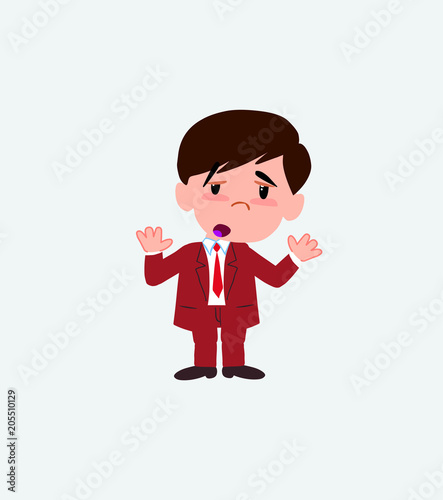 Businessman makes a gesture of tired resignation.