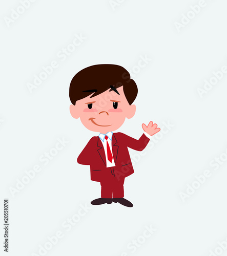 Businessman waving with a dreamy expression.