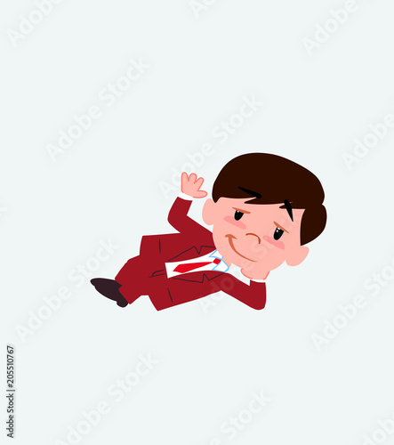 Businessman lying, greets with a dreamy expression.