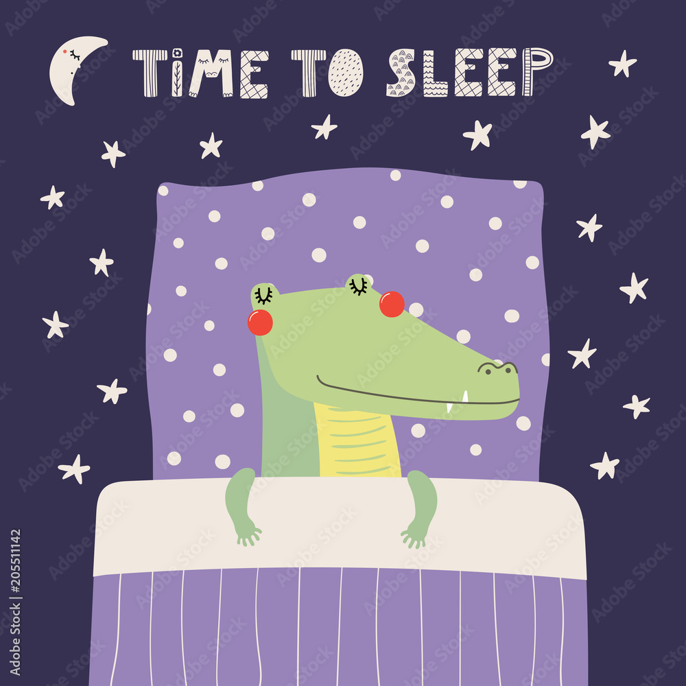 Hand drawn vector illustration of a cute funny sleeping crocodile, with  pillow, blanket, lettering quote Time to sleep. Isolated objects.  Scandinavian style flat design. Concept for children print. Stock Vector |  Adobe
