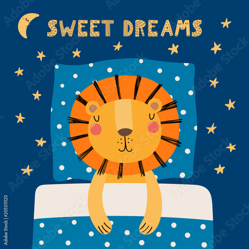 Hand drawn vector illustration of a cute funny sleeping lion, with pillow, blanket, lettering quote Sweet dreams. Isolated objects. Scandinavian style flat design. Concept for children print.