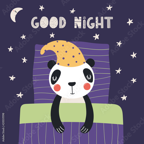 Hand drawn vector illustration of a cute funny sleeping panda in a nightcap, with pillow, blanket, lettering Good night. Isolated objects. Scandinavian style flat design. Concept for children print.