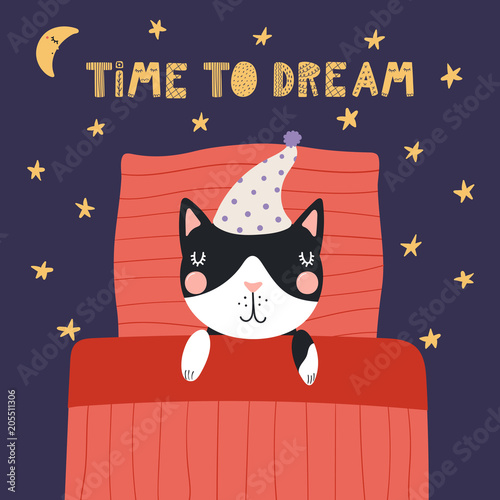 Hand drawn vector illustration of a cute funny sleeping cat in a nightcap, with pillow, blanket, lettering Time to dream. Isolated objects. Scandinavian style flat design. Concept for children print.