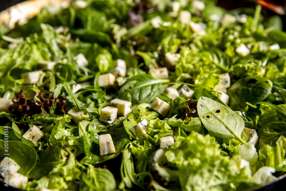 Healthy salad with lettuce, spinach, arugula, olive oil Healthy salad with lettuce, spinach, arugula, olive oil