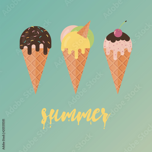Collection of 3 vector ice cream illustrations. Flat design.