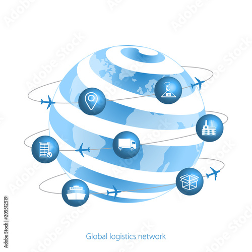 Global logistics network.  Planet Earth and logistics icons in the form of satellites.  Set icons transport and logistics. Flat design. Vector illustration EPS10.