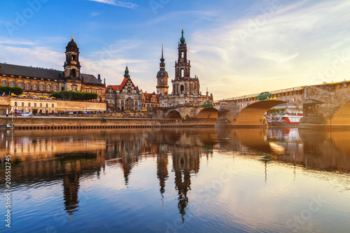 Augustus Bridge (Augustusbrucke) and Cathedral of the Holy Trinity (Hofkirche) over the River Elbe in Dresden, Germany, Saxony. © daliu