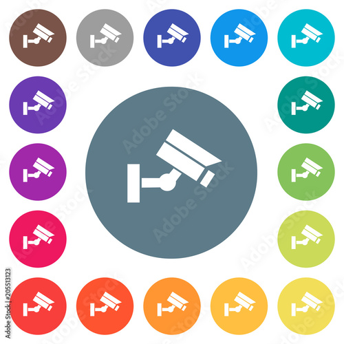Security camera flat white icons on round color backgrounds