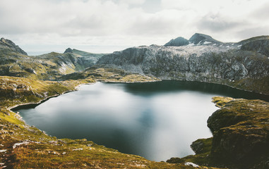 Lake and Mountains Landscape in Norway Travel scenery scandinavian nature aerial view
