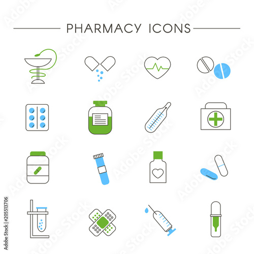Set of Pharmacy and Medicine Linear Icons