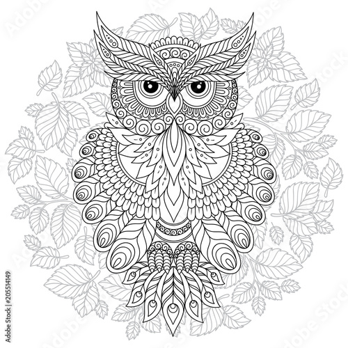 Coloring book for adult and older children. Coloring page with cute owl and floral frame.