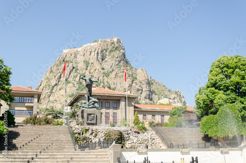 Afyon Castle and Utku monument at the center of Afyonkarahisar in Turkey photo