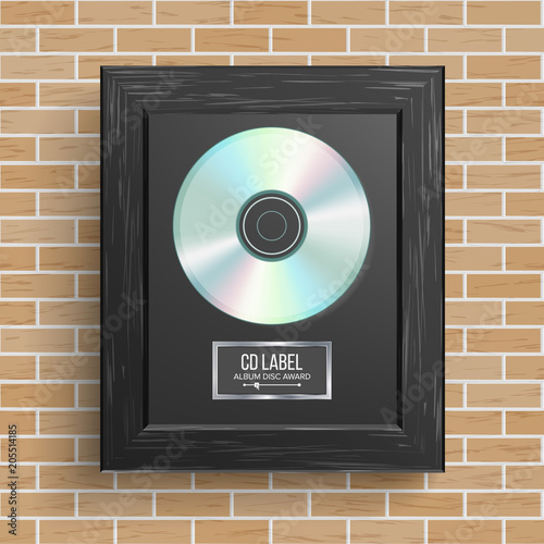 CD Disc Award Vector. Best Seller. Modern Ceremony. Realistic Frame, Album Disc, Brick Wall. Illustration