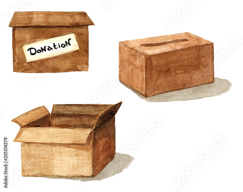 Set of boxes for donation, moving or collecting: hand-painted watercolor illustration