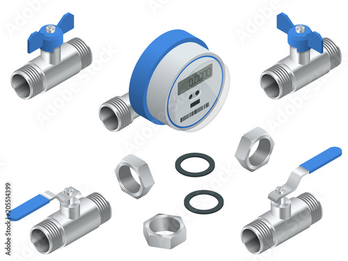 Isometric set of water meter for cold water with pipeline. Vector illustration Counters isolated on white background. Sanitary equipment.