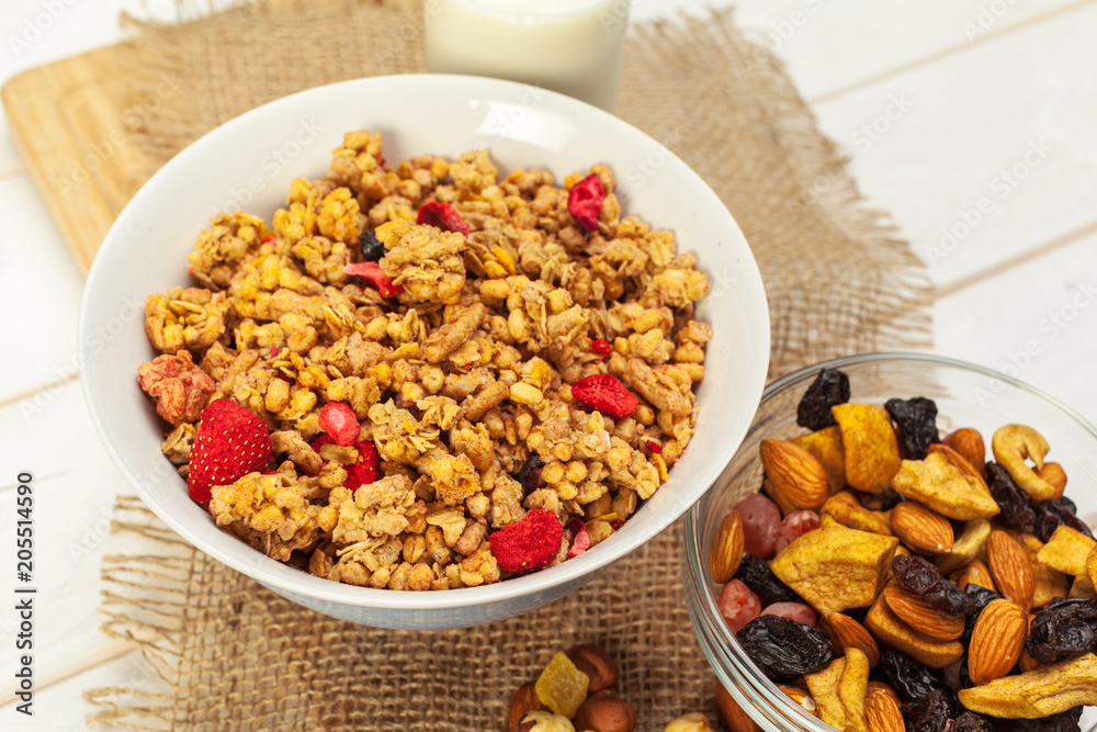 Food background of fresh baked homemade granola in bowl Food background of fresh baked homemade granola in bowl