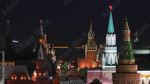 Aerial night view of the Kremlin, Moscow, Russia