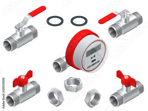 Isometric set of water meter for warm water with pipeline. Vector illustration Counters isolated on white background. Sanitary equipment.