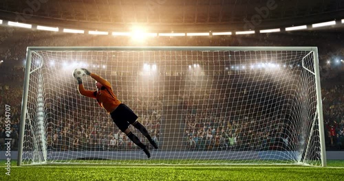 Soccer goalkeeper jumps and fails to catch ball on a professional soccer stadium. Stadium and crowd is made in 3D and animated