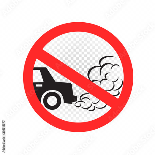 No idling turn engine off sign symbol icon on white transparent background. Forbidden exhaust round label. Smoke and smog danger. Environmental pollution