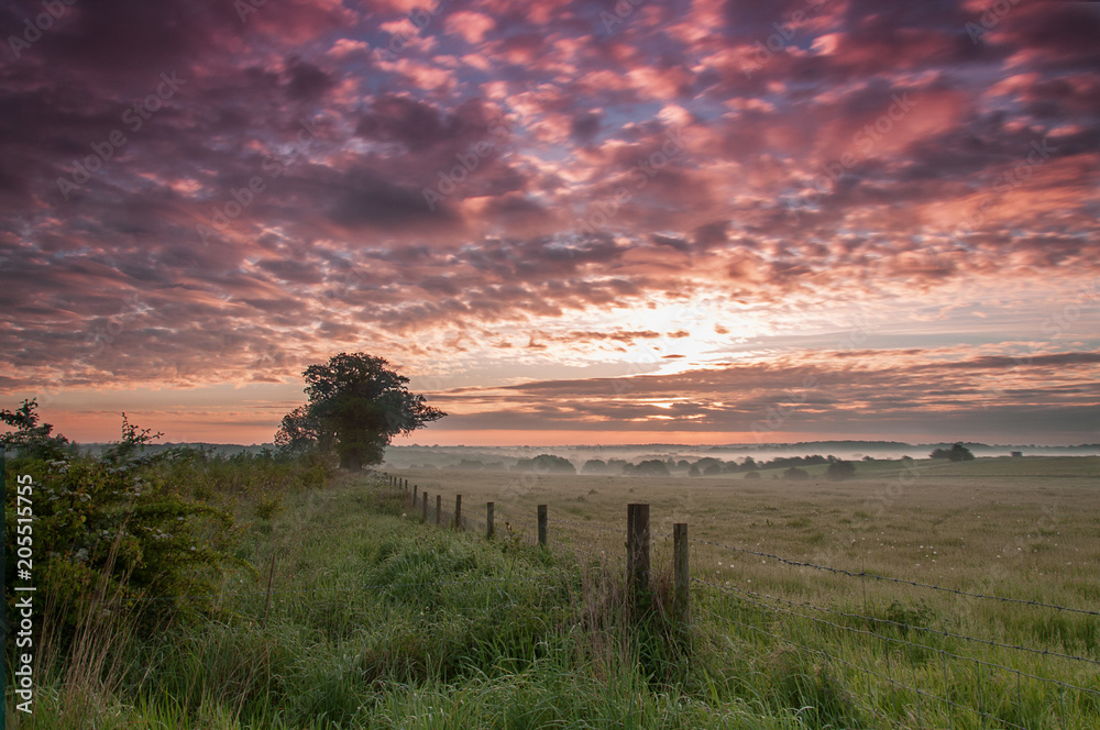 A purple sky at sunrise across the English countryside