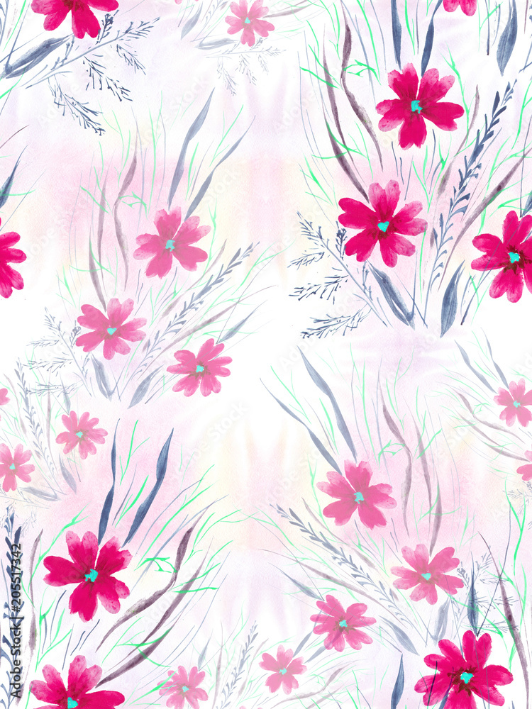 Flowers on a watercolor background. Seamless pattern. Wallpaper.  Use printed materials, signs, items, websites, maps, posters, postcards, packaging.