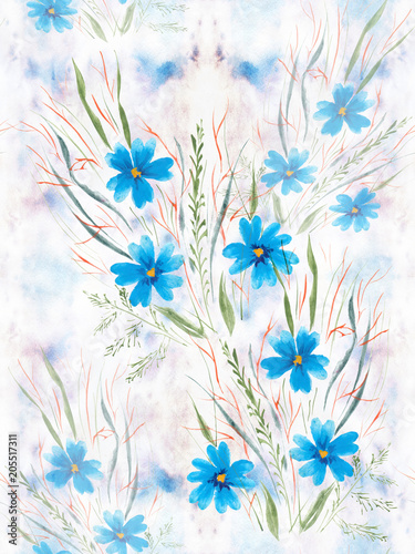 Flowers on a watercolor background. Seamless pattern. Wallpaper. Use printed materials, signs, items, websites, maps, posters, postcards, packaging.