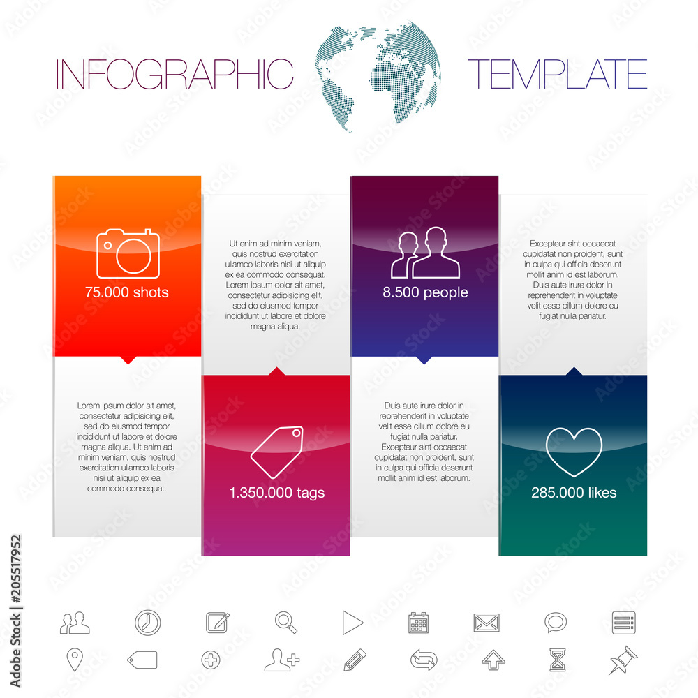 Infographic template with frames, icons and sample text Infographic template with frames, icons and sample text