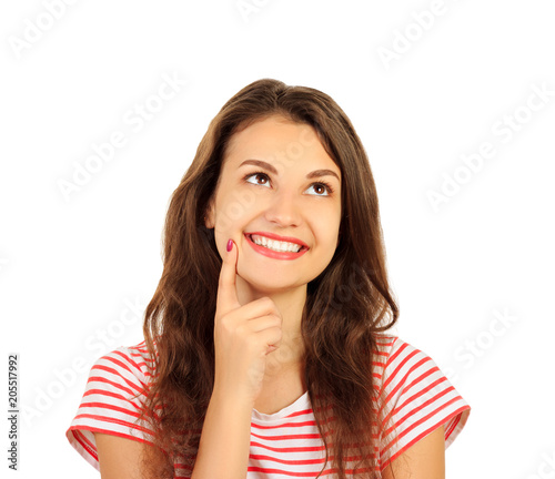 pretty positive woman happy smile think looking up to empty copy space. emotional girl isolated on white background