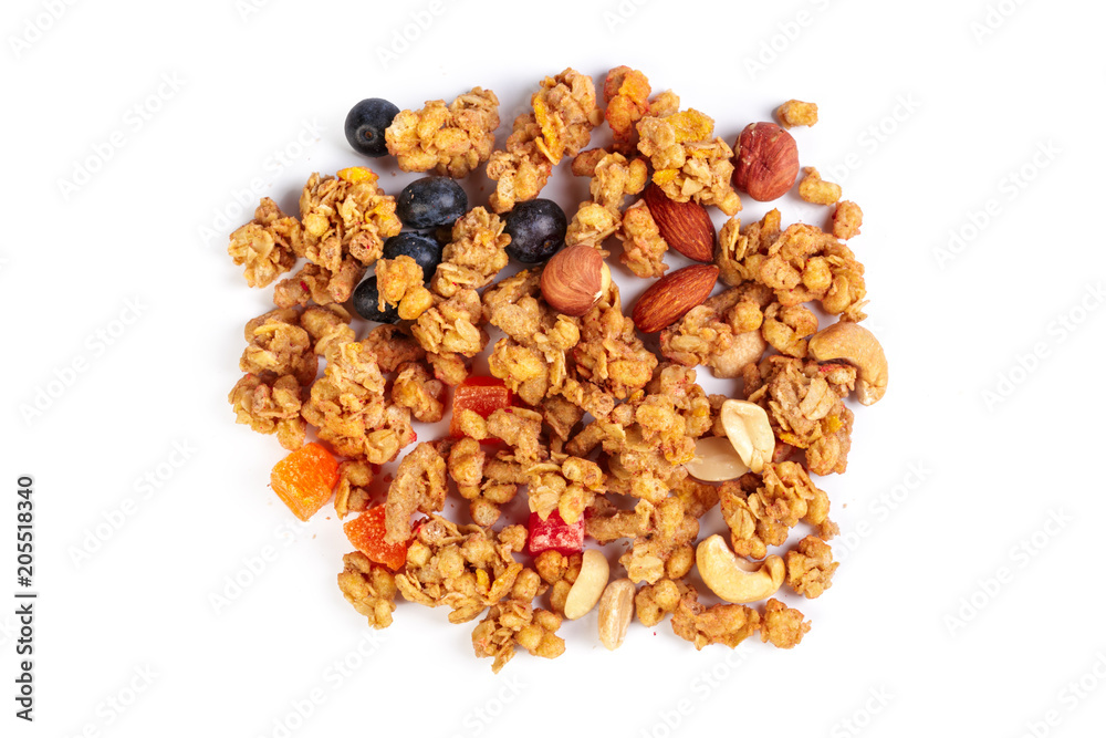 Granola with dried fruits isolated on white Granola with dried fruits isolated on white