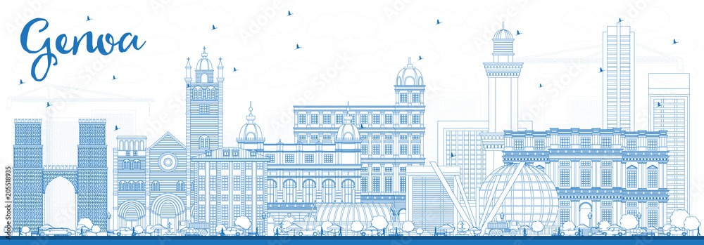 Outline Genoa Italy City Skyline with Blue Buildings.