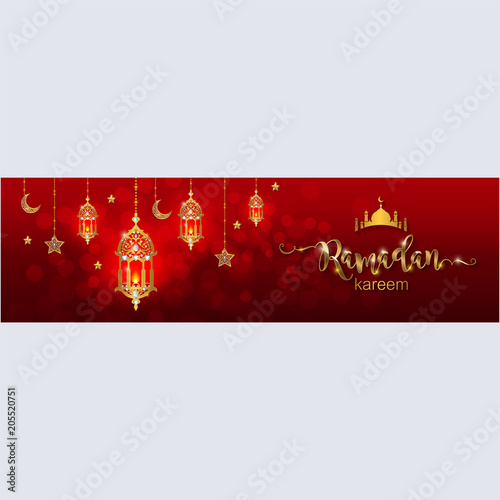 Ramadan Kareem greeting background Islamic with gold patterned and crystals on paper color background. 
