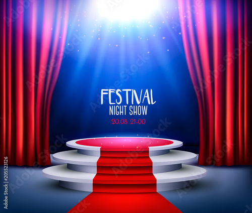 Showroom Background With A Red Carpet and Spotlight. Festival night show poster. Vector.