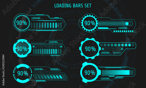 HUD Futuristic Element Loading Bars Set Vector Background. Abstract Big Pack User Interface Progress Monitor Illustration.