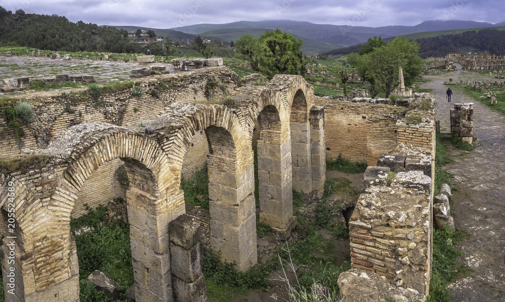 Panoramic view of great baths in roman town Cuicul at village Djemila, Algeria