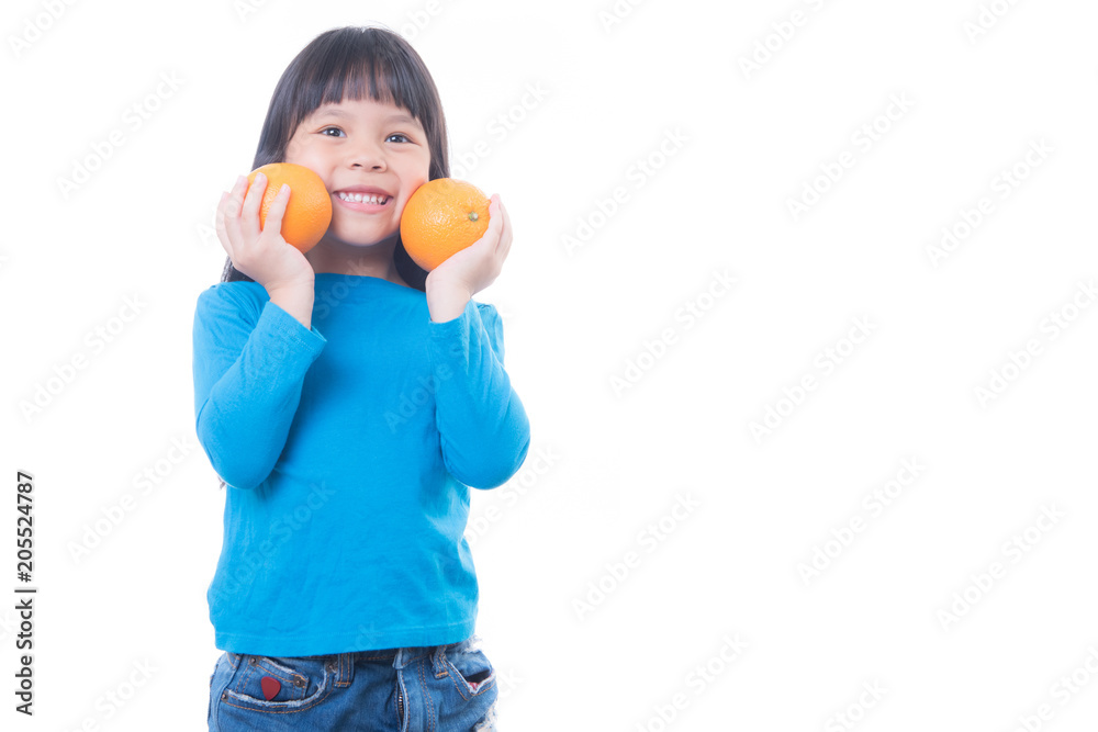 Little girl playing with fresh mandarin fruits Little girl playing with fresh mandarin fruits