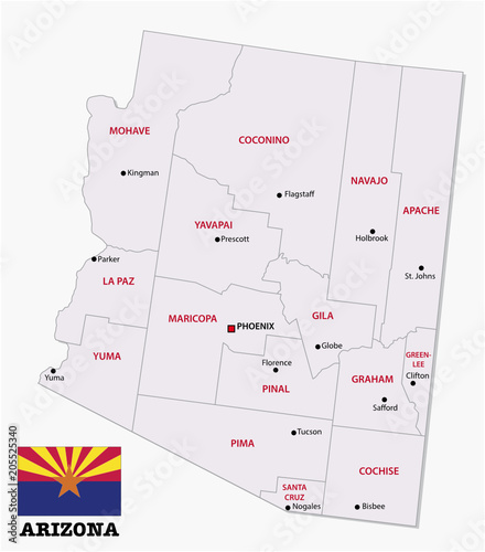 arizona administrative and political vector map with flag
